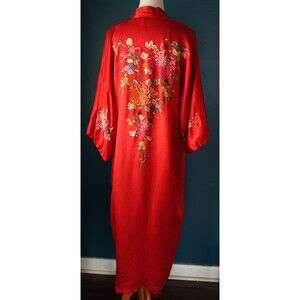 Vintage Golden Bee Red Silk Embroidered Flower Chinese Robe Kimono Festival Boho